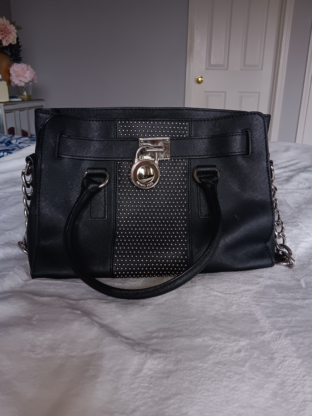 Michael Kors Black Studded Satchel with Silver-Tone Lock